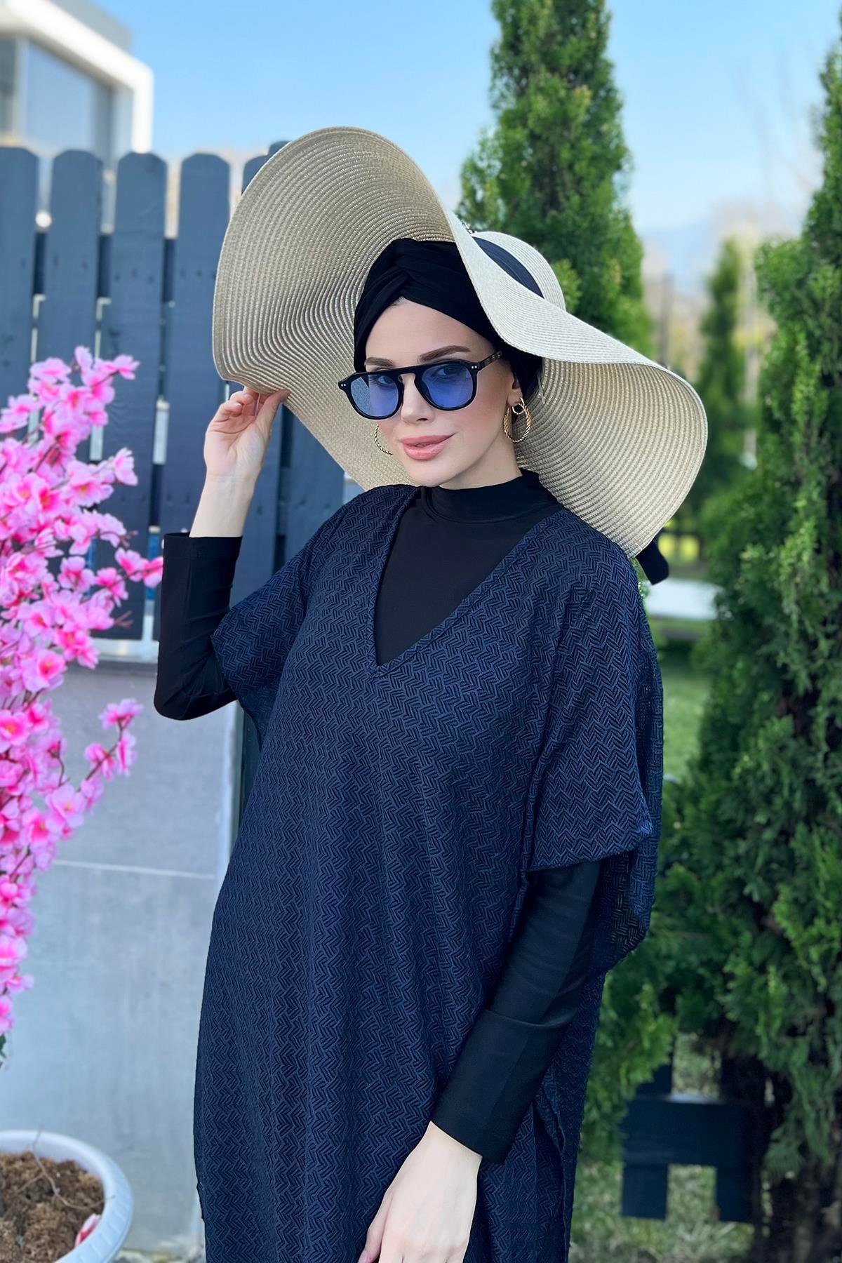 Remsa Mayo Üzerine Örme Kaftan Pareo 430-T3 Lacivert