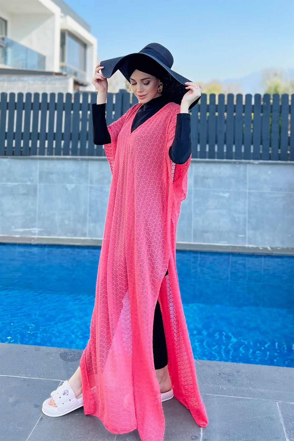 Remsa Mayo Üzerine Örme Kaftan Pareo 430-T6 Nar Çiçeği