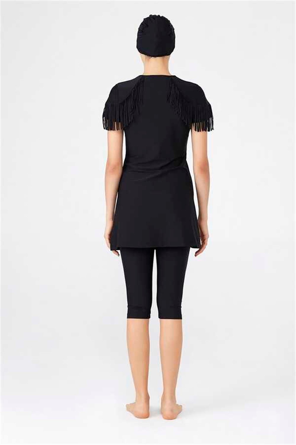 Remsa Mayo Yarı Kapalı Kısa Kollu Tesettür Mayo Püsküllü 3102 Siyah