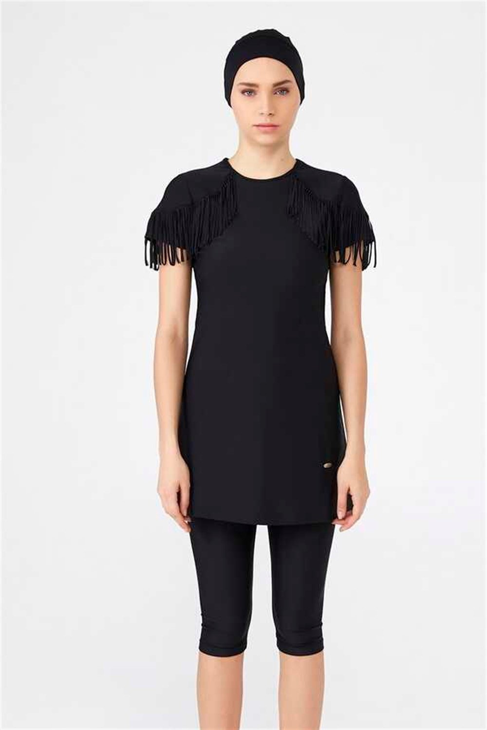 Remsa Mayo Yarı Kapalı Kısa Kollu Tesettür Mayo Püsküllü 3102 Siyah