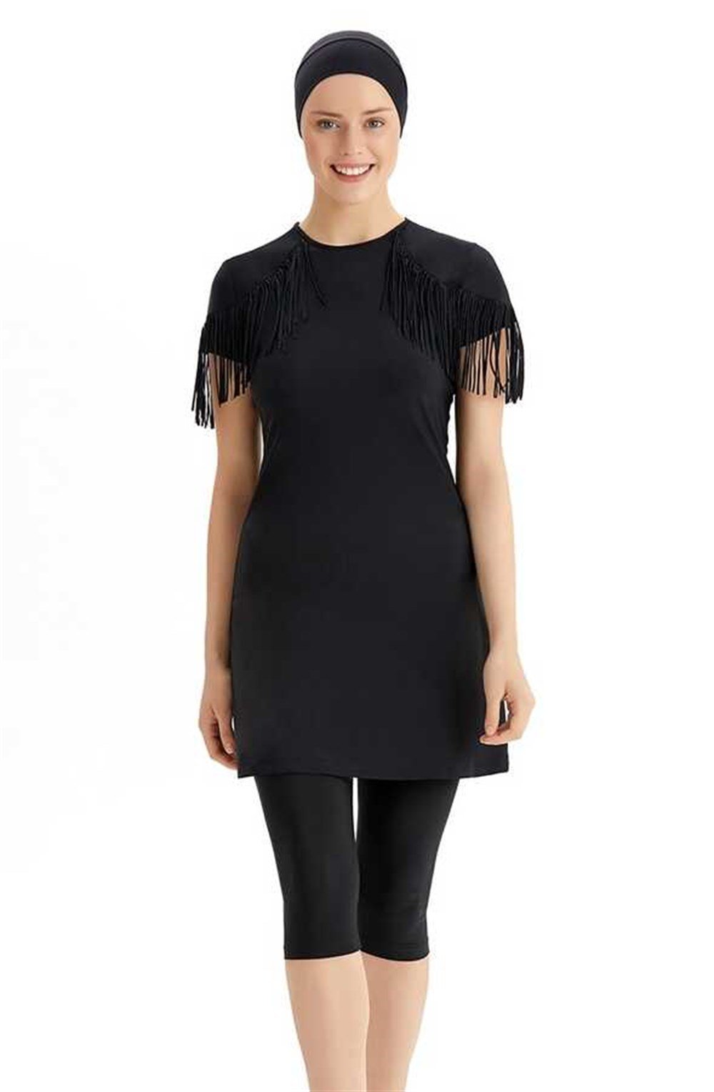 Remsa Mayo Yarı Kapalı Kısa Kollu Tesettür Mayo Püsküllü 3102 Siyah