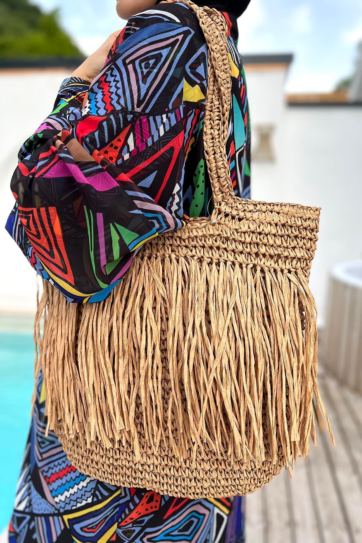 Remsa Püsküllü Hasır Plaj Çantası 023 Camel