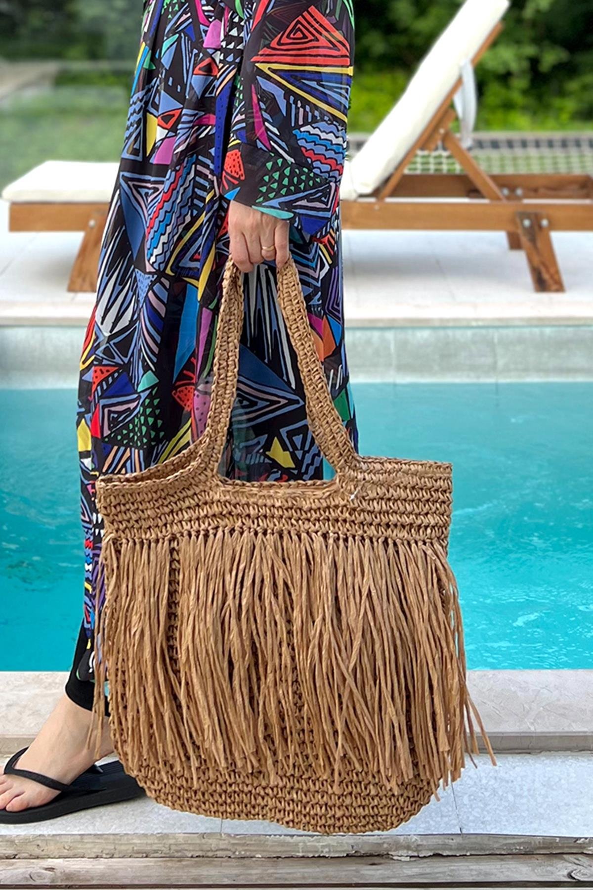 Remsa Püsküllü Hasır Plaj Çantası 023 Camel