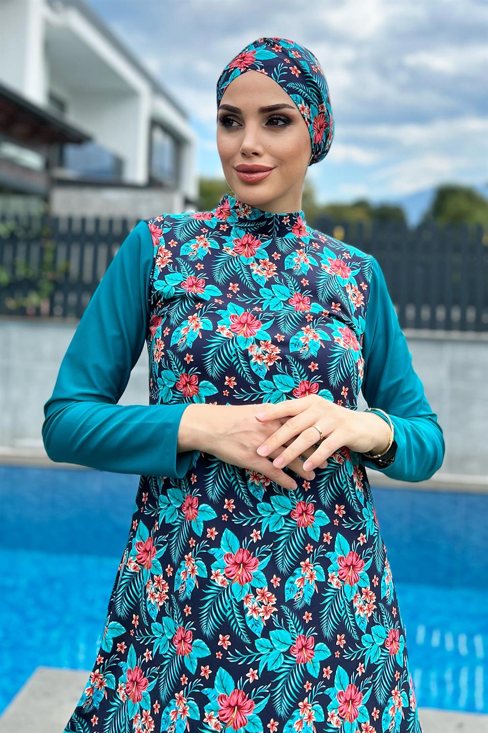 Remsa Tasarım Likralı Desenli Boneli Tam Kapalı Mayo 900-133 Petrol