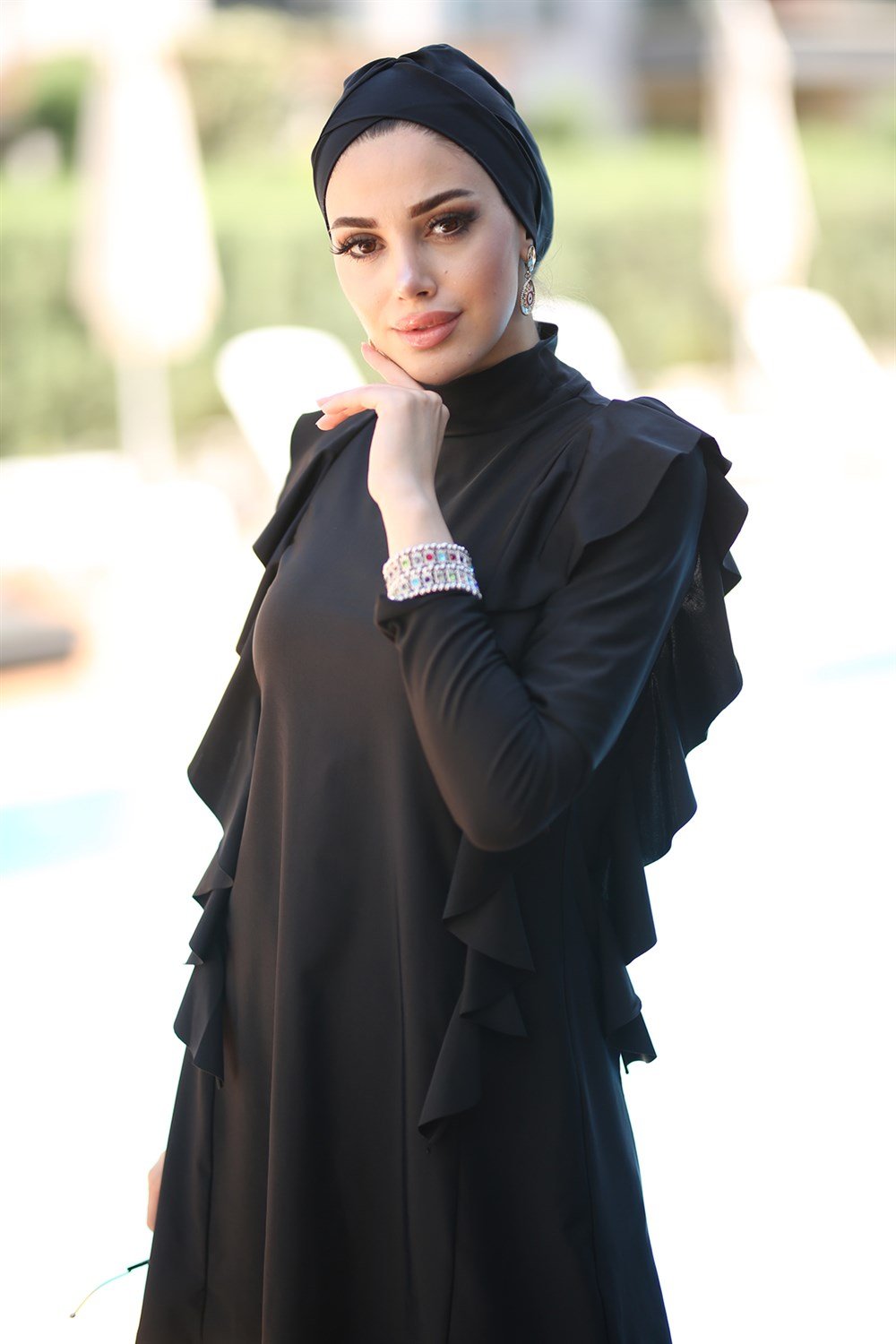 Remsa Tasarım Likralı Tam Kapalı Tesettür Mayo Yanı Fırfırlı R033 Seda Siyah