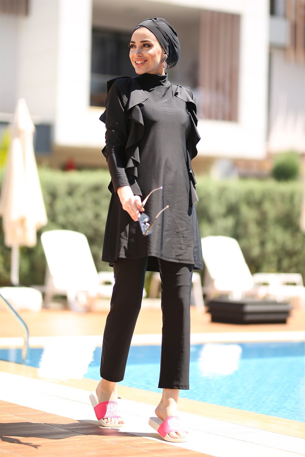 Remsa Tasarım Likralı Tam Kapalı Tesettür Mayo Yanı Fırfırlı R033 Seda Siyah