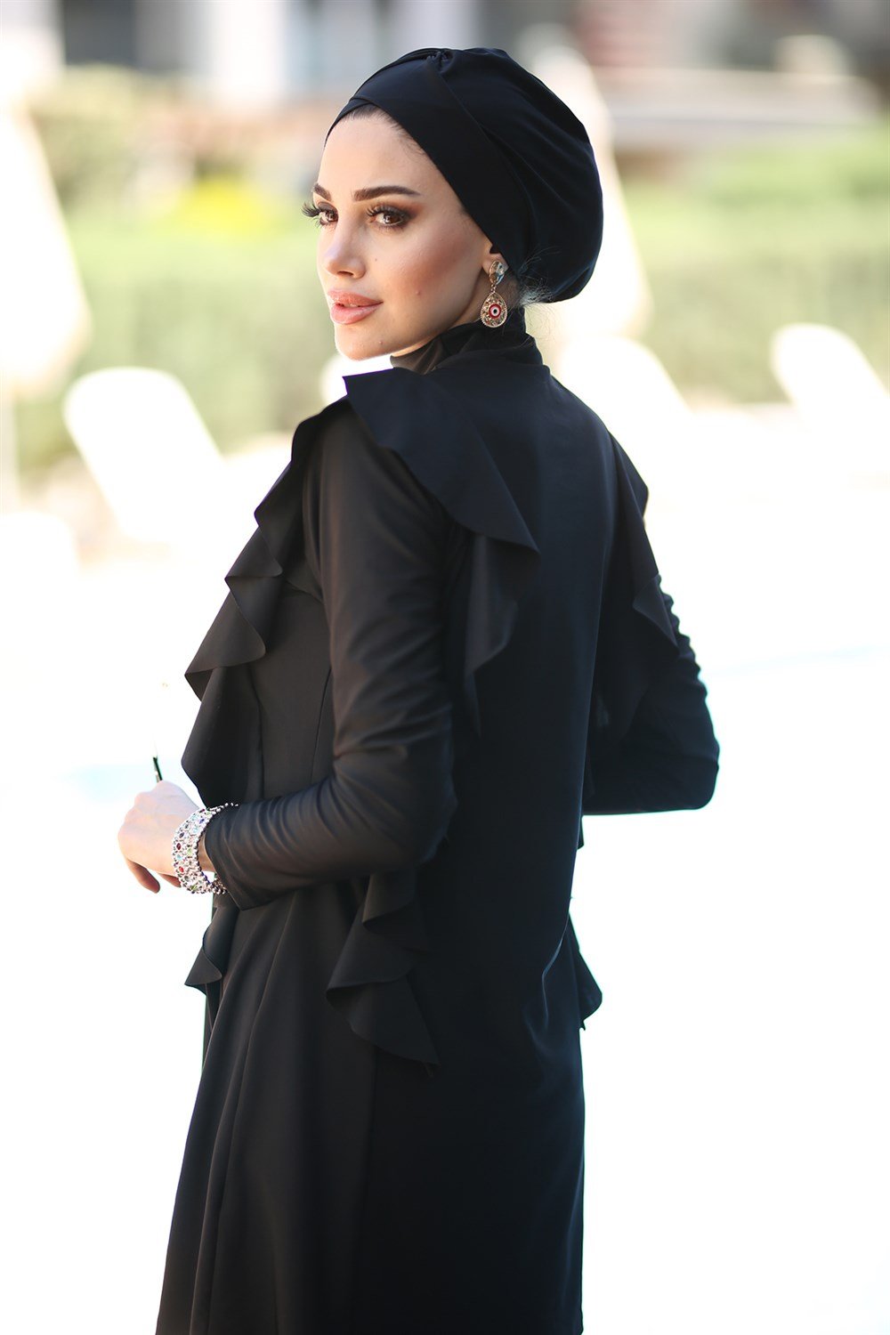 Remsa Tasarım Likralı Tam Kapalı Tesettür Mayo Yanı Fırfırlı R033 Seda Siyah