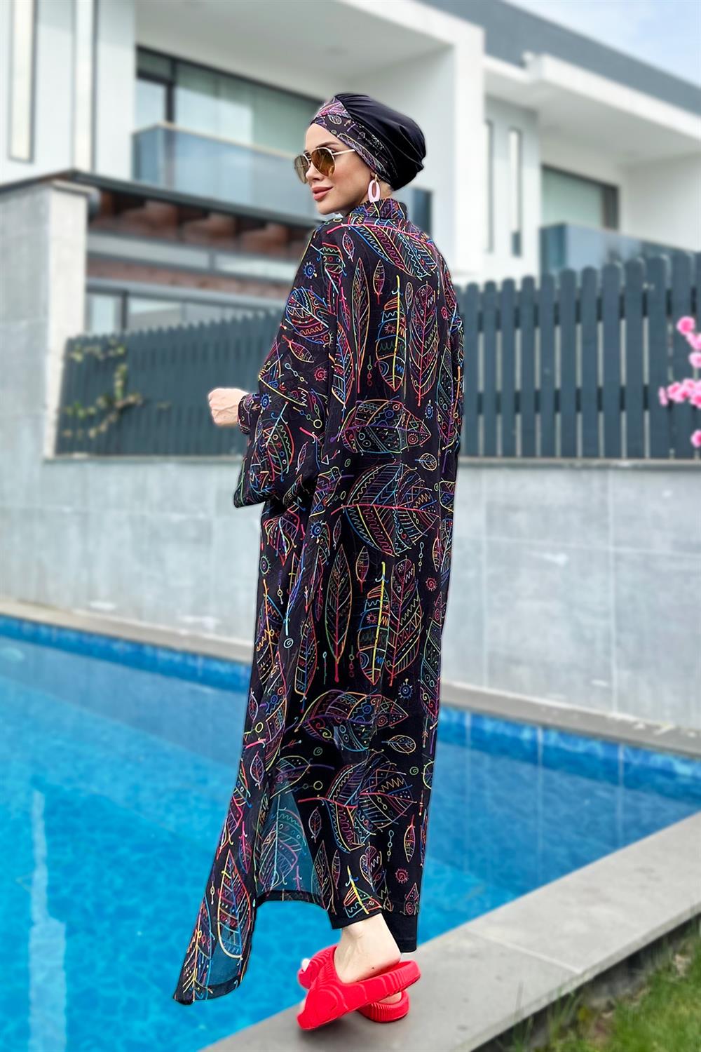 Remsa Tesettür Mayo Üzerine Tek Kaftan Kimono Pareo Yaprak Tema RP004B  Zeynep
