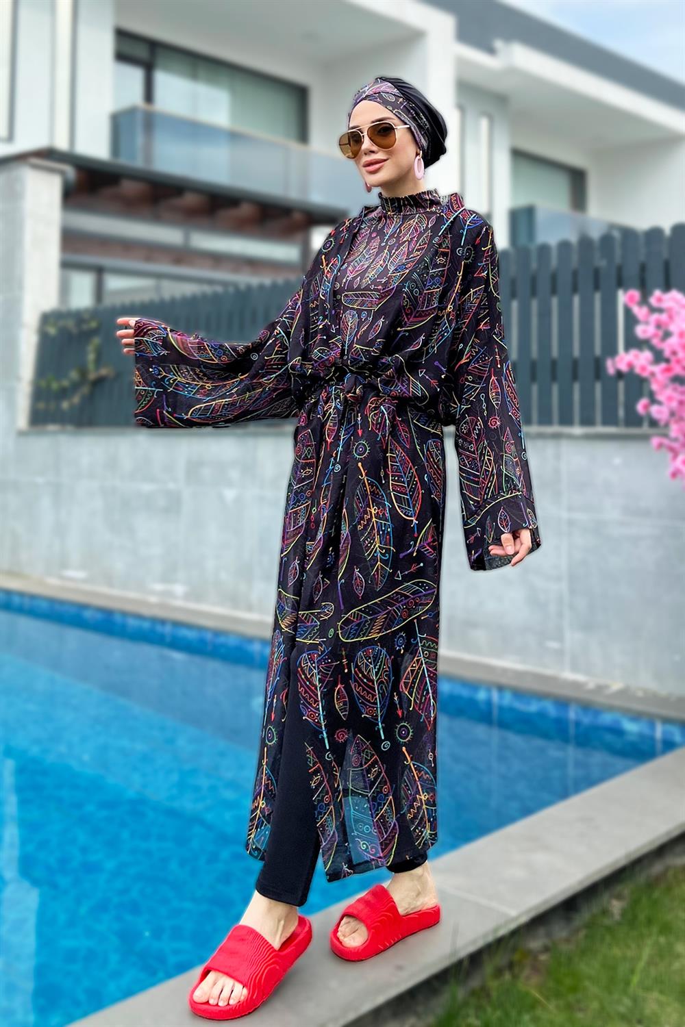 Remsa Tesettür Mayo Üzerine Tek Kaftan Kimono Pareo Yaprak Tema RP004B  Zeynep