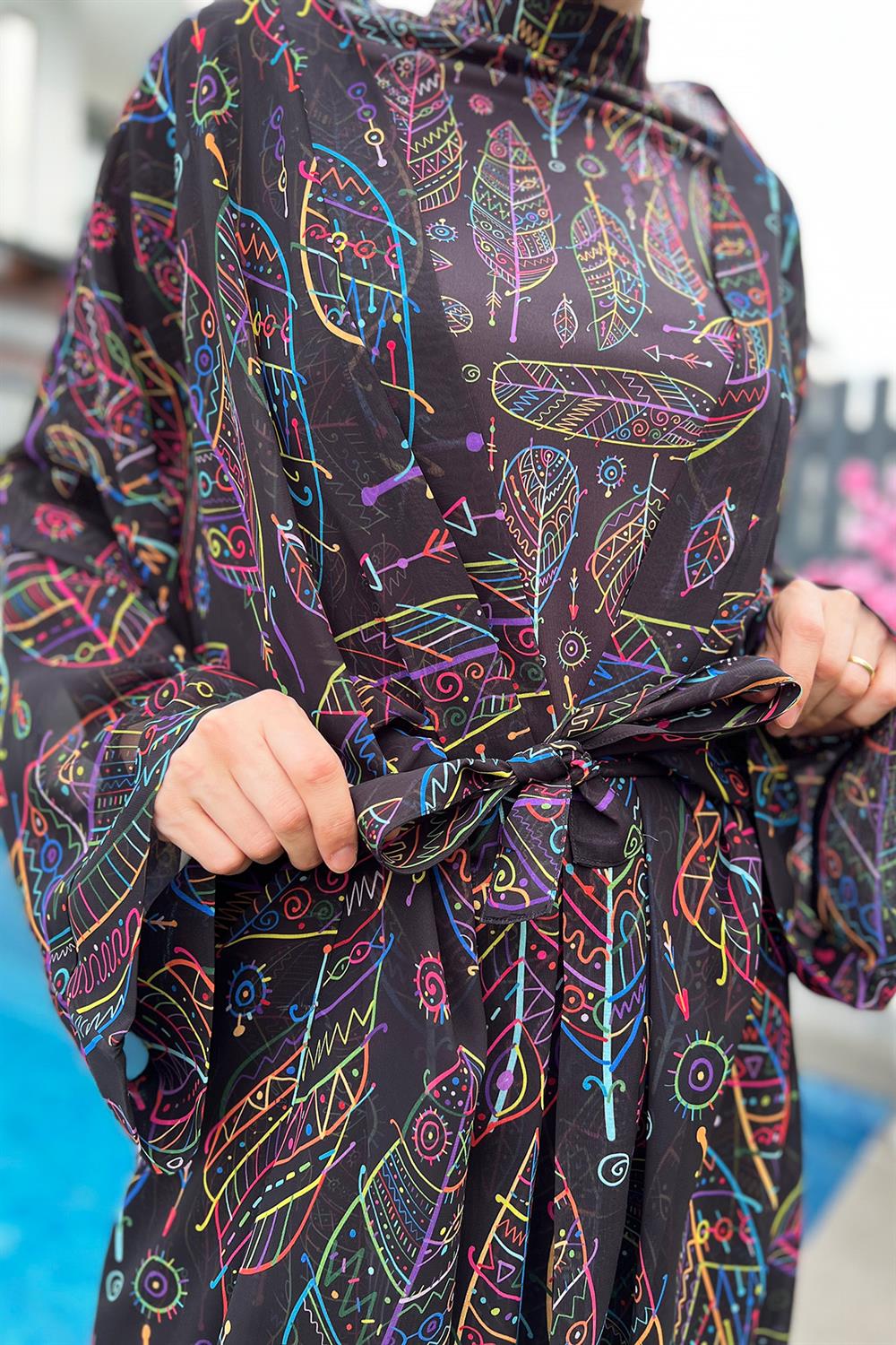 Remsa Tesettür Mayo Üzerine Tek Kaftan Kimono Pareo Yaprak Tema RP004B  Zeynep