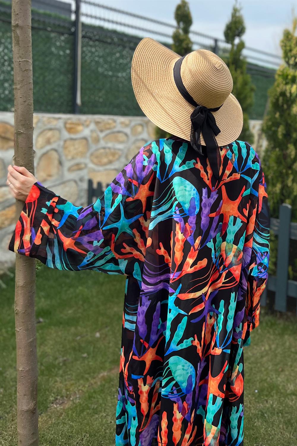 Remsa Tesettür Mayo Üzerine Tek Kaftan Kimono Pareo RP004A Mercan