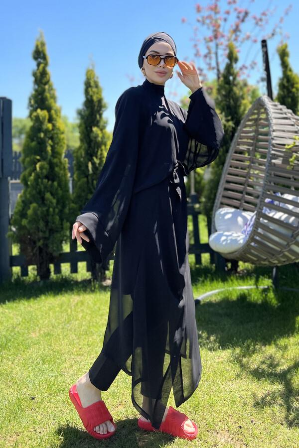 Remsa Tesettür Mayo Üzerine Tek Kaftan Kimono Pareo Düz Siyah RP004 Hatice