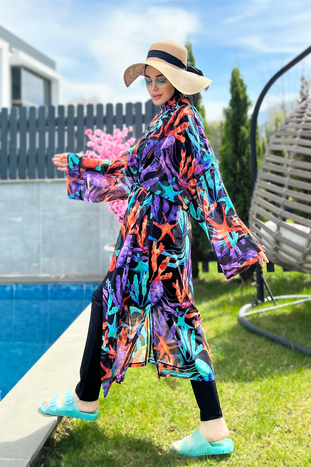 Remsa Tesettür Mayo Üzerine Tek Kaftan Kimono Pareo RP004A Mercan