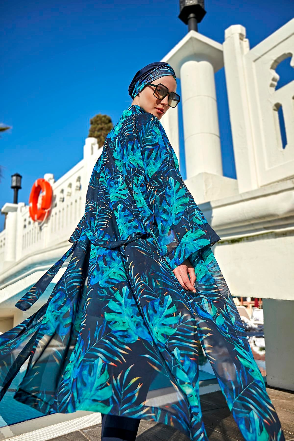 Remsa Tesettür Mayo Üzerine Tek Kaftan Kimono Pareo RP009 Tropikal