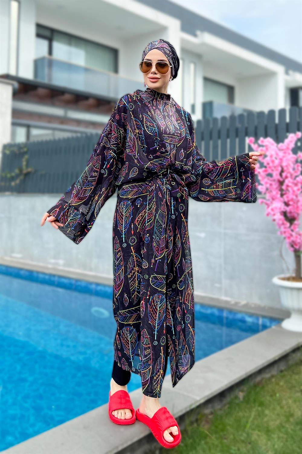 Remsa Tesettür Mayo Üzerine Tek Kaftan Kimono Pareo Yaprak Tema RP004B  Zeynep