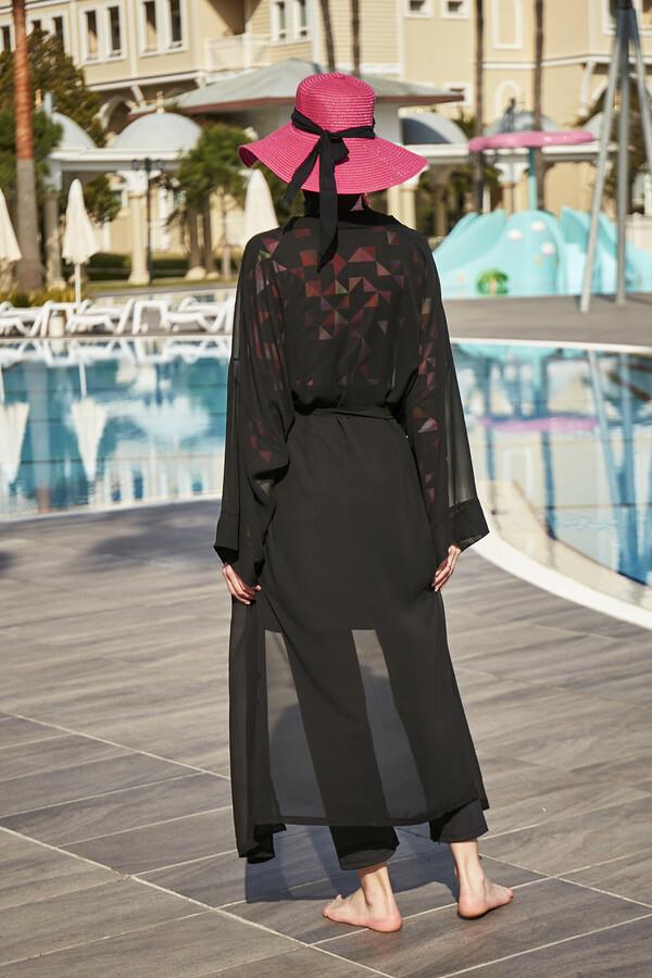 Remsa Tesettür Mayo Üzerine Tek Kaftan Kimono Pareo Düz Siyah RP004 Hatice
