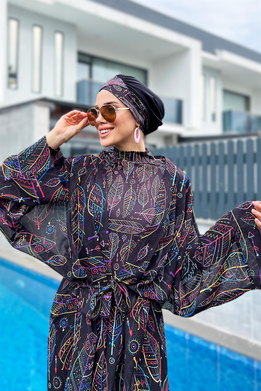 Remsa Tesettür Mayo Üzerine Tek Kaftan Kimono Pareo Yaprak Tema RP004B  Zeynep