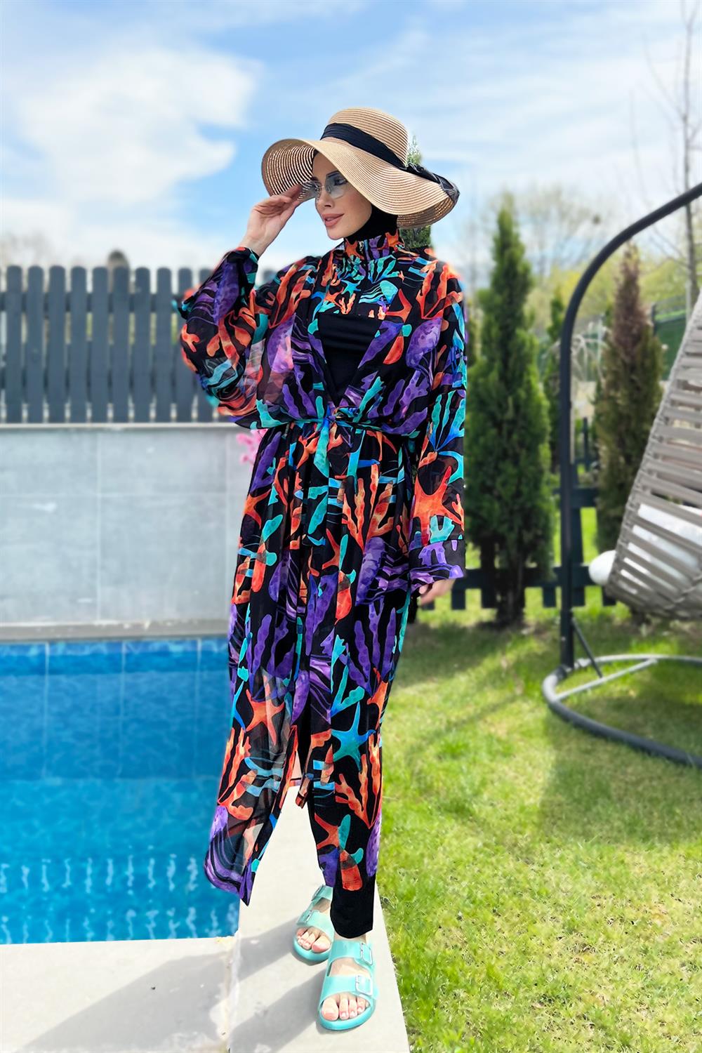 Remsa Tesettür Mayo Üzerine Tek Kaftan Kimono Pareo RP004A Mercan
