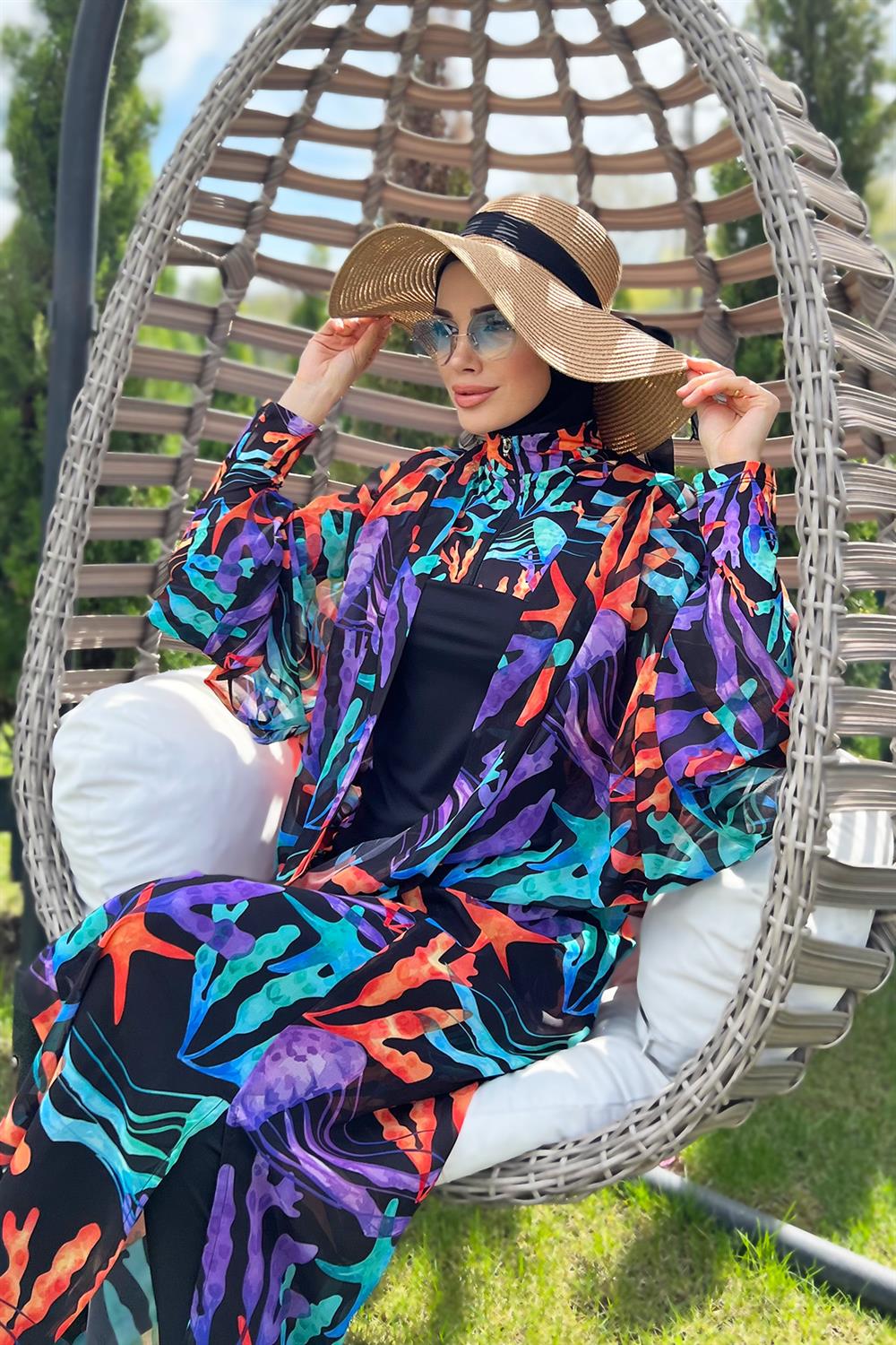 Remsa Tesettür Mayo Üzerine Tek Kaftan Kimono Pareo RP004A Mercan