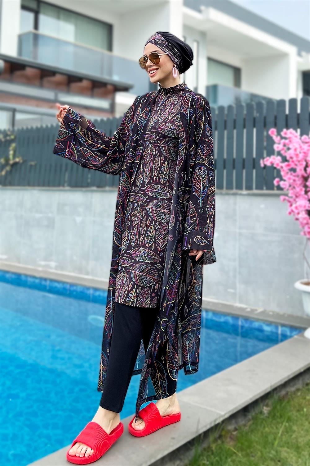 Remsa Tesettür Mayo Üzerine Tek Kaftan Kimono Pareo Yaprak Tema RP004B  Zeynep