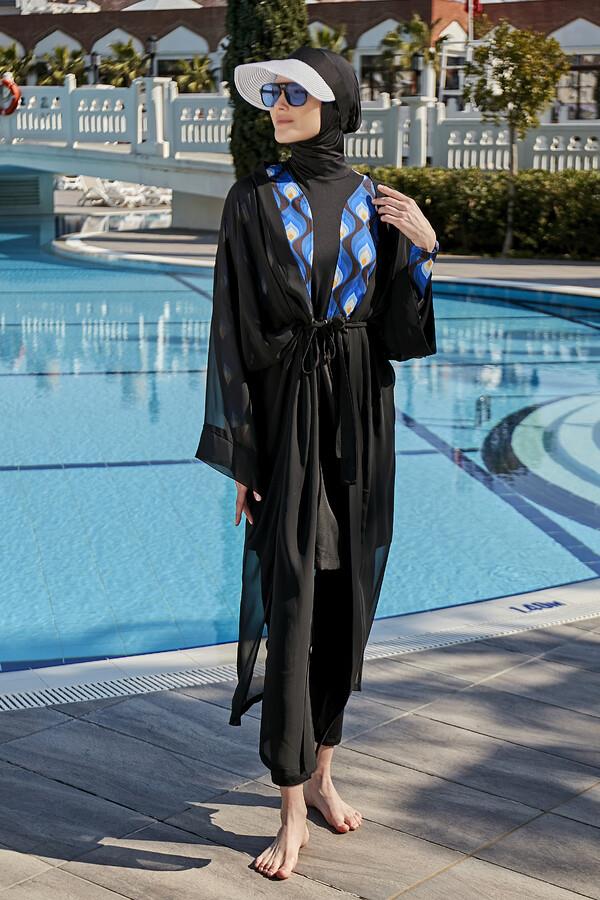 Remsa Tesettür Mayo Üzerine Tek Kaftan Kimono Pareo Düz Siyah RP004 Hatice