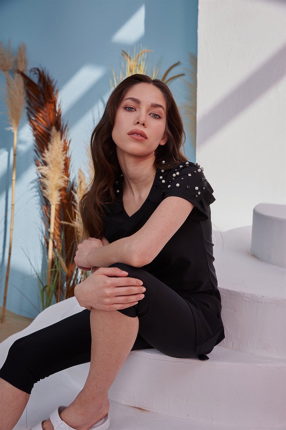 Remsa Yarı Kapalı Tesettür Mayo İncili Tasarım Kısa Kollu R009 Siyah