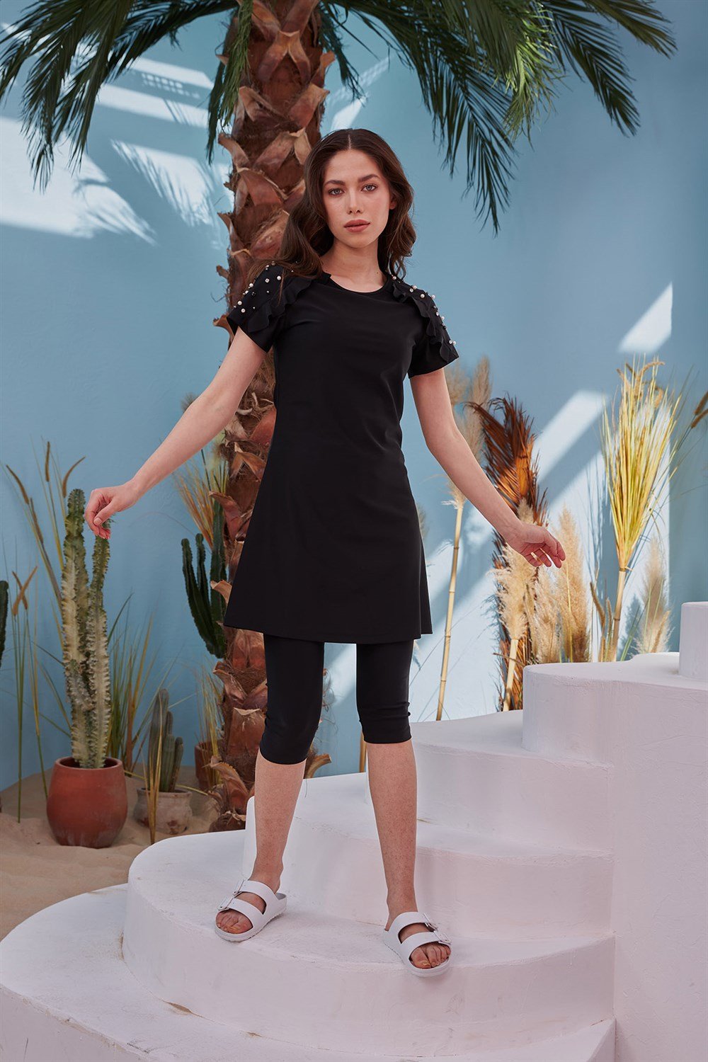 Remsa Yarı Kapalı Tesettür Mayo İncili Tasarım Kısa Kollu R009 Siyah