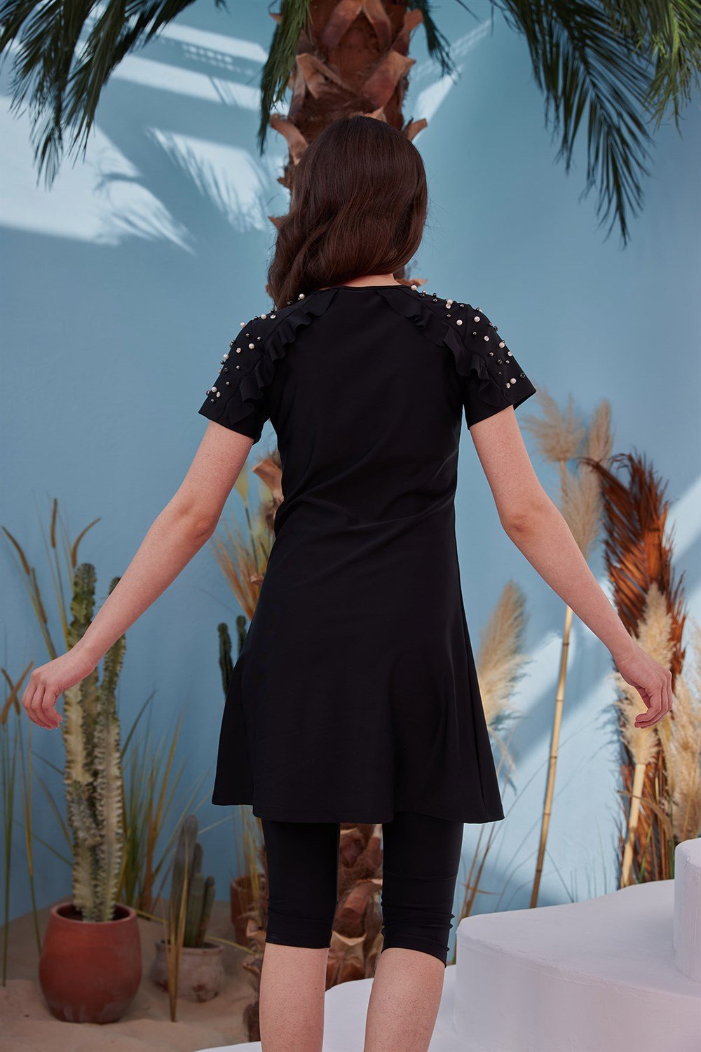 Remsa Yarı Kapalı Tesettür Mayo İncili Tasarım Kısa Kollu R009 Siyah