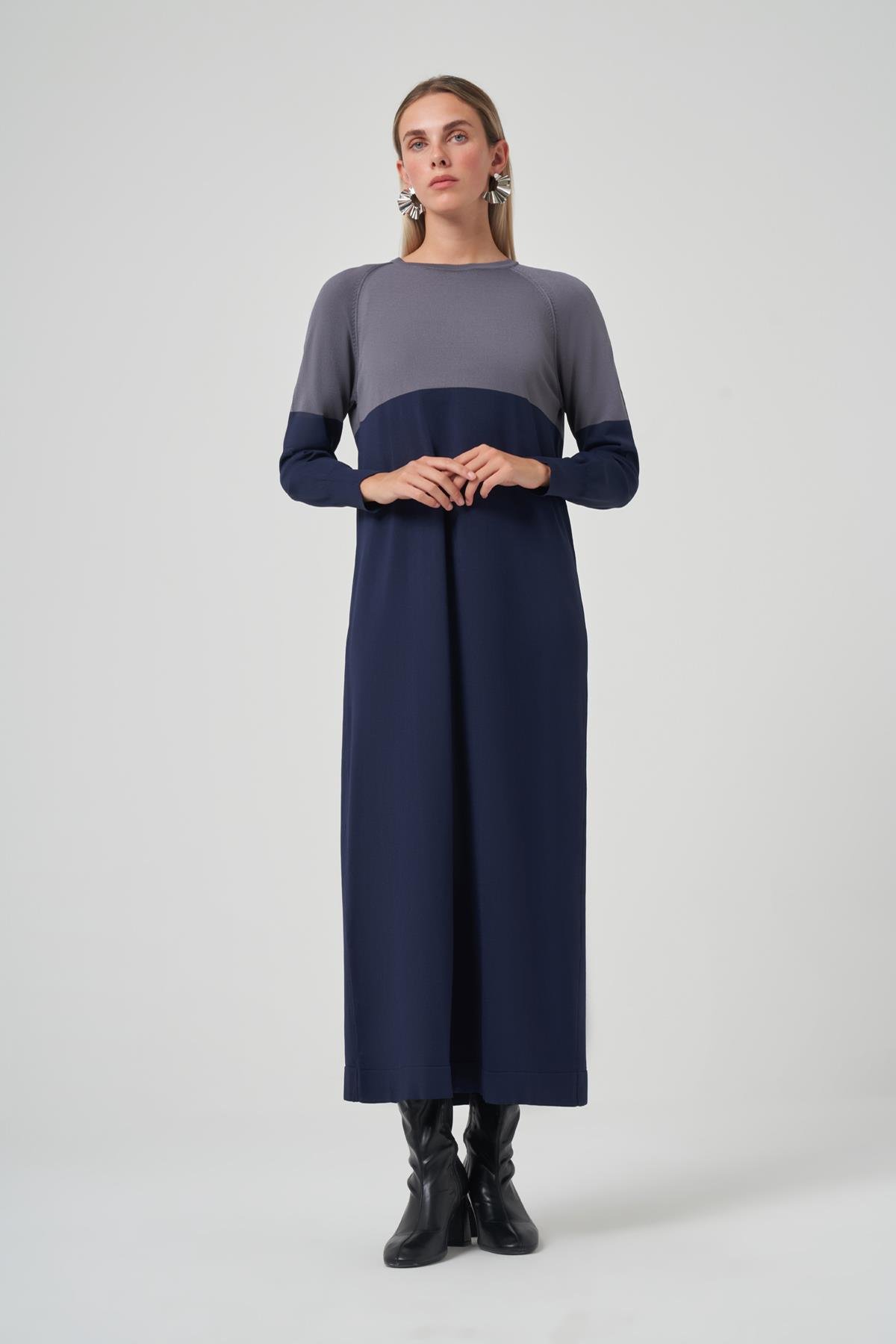 Renk Geçişli Triko Elbise 508 Lacivert