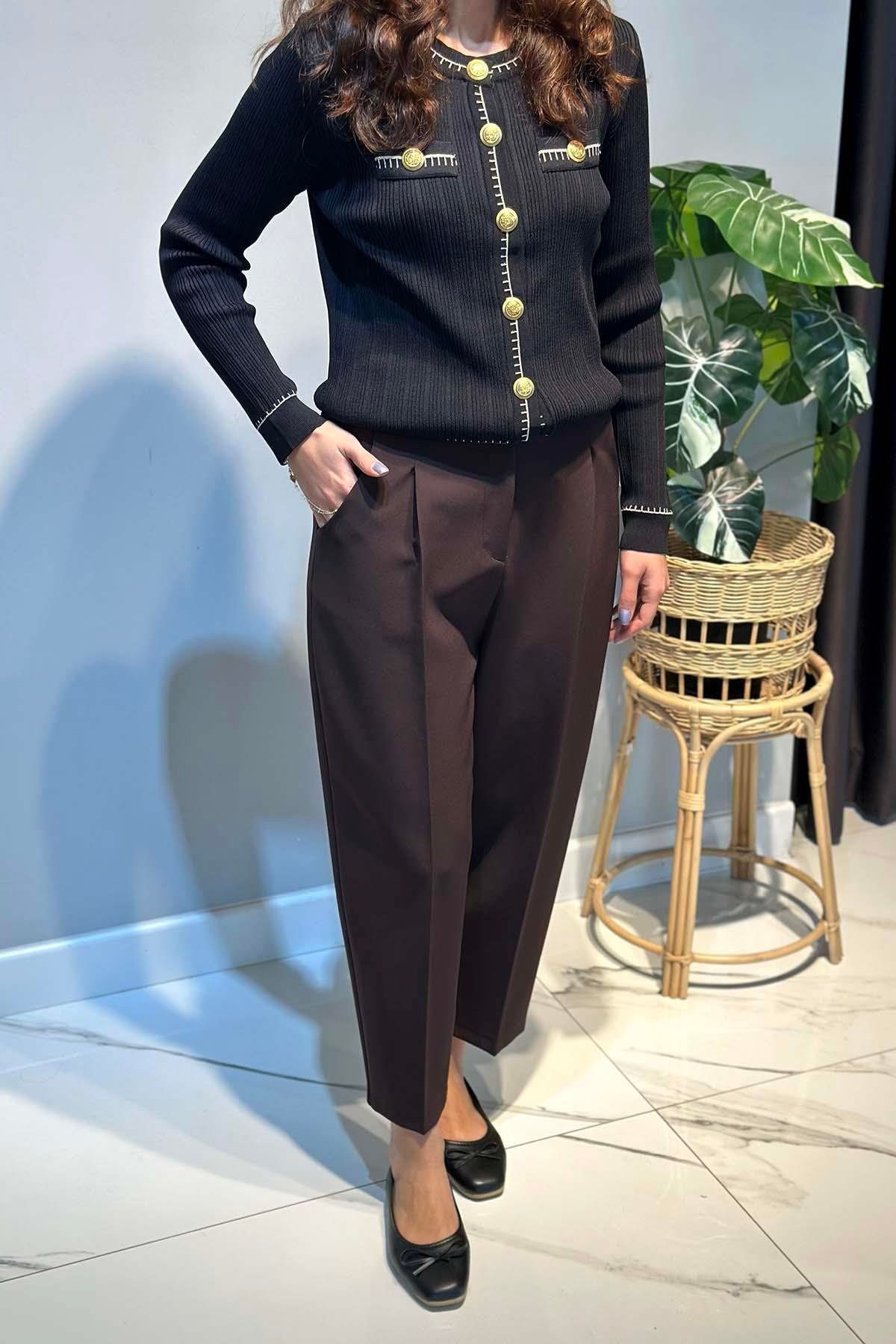 Sentez Arkası Lastikli Pile Detay Bilek Boy Pantolon 5567 Kahverengi