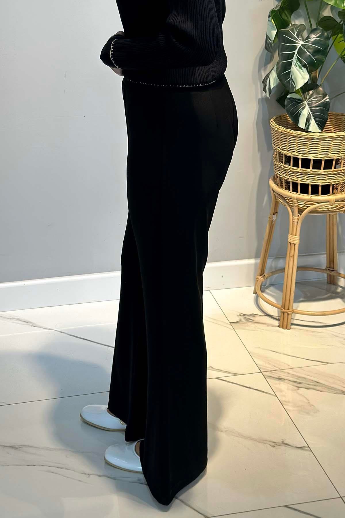 Sentez Madrid Beli Lastikli İspanyol Paça Pantolon 5586 Siyah