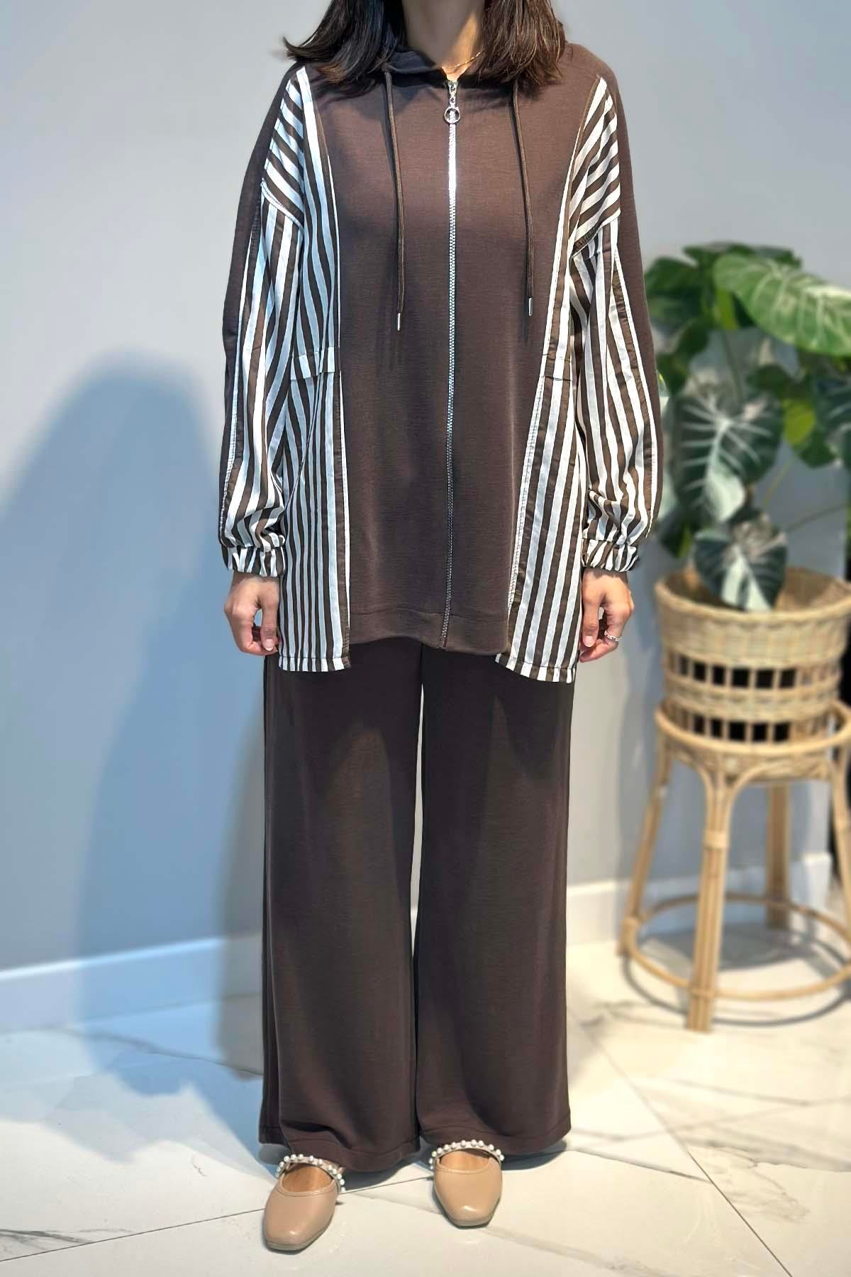 Şerit Detay Pantolonlu Takım 70081 Kahverengi