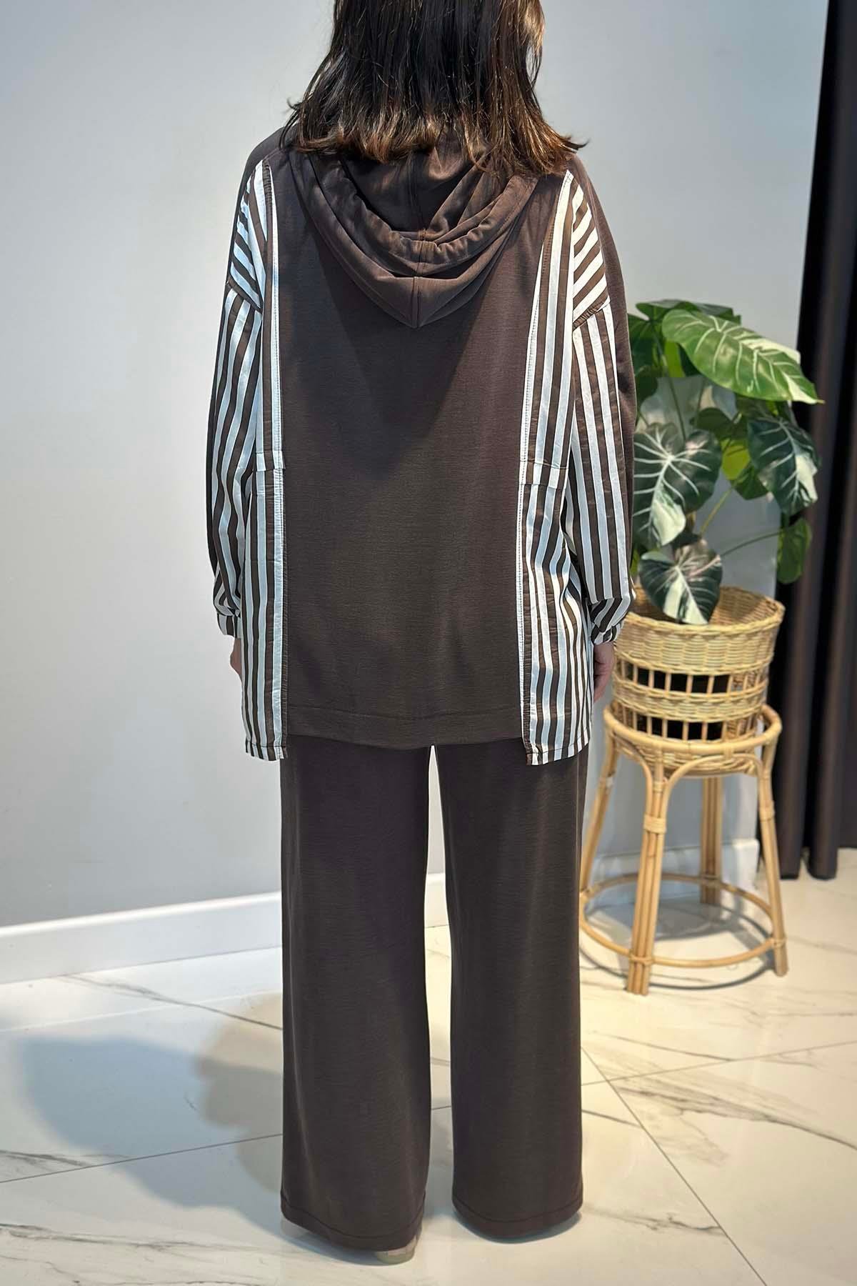 Şerit Detay Pantolonlu Takım 70081 Kahverengi