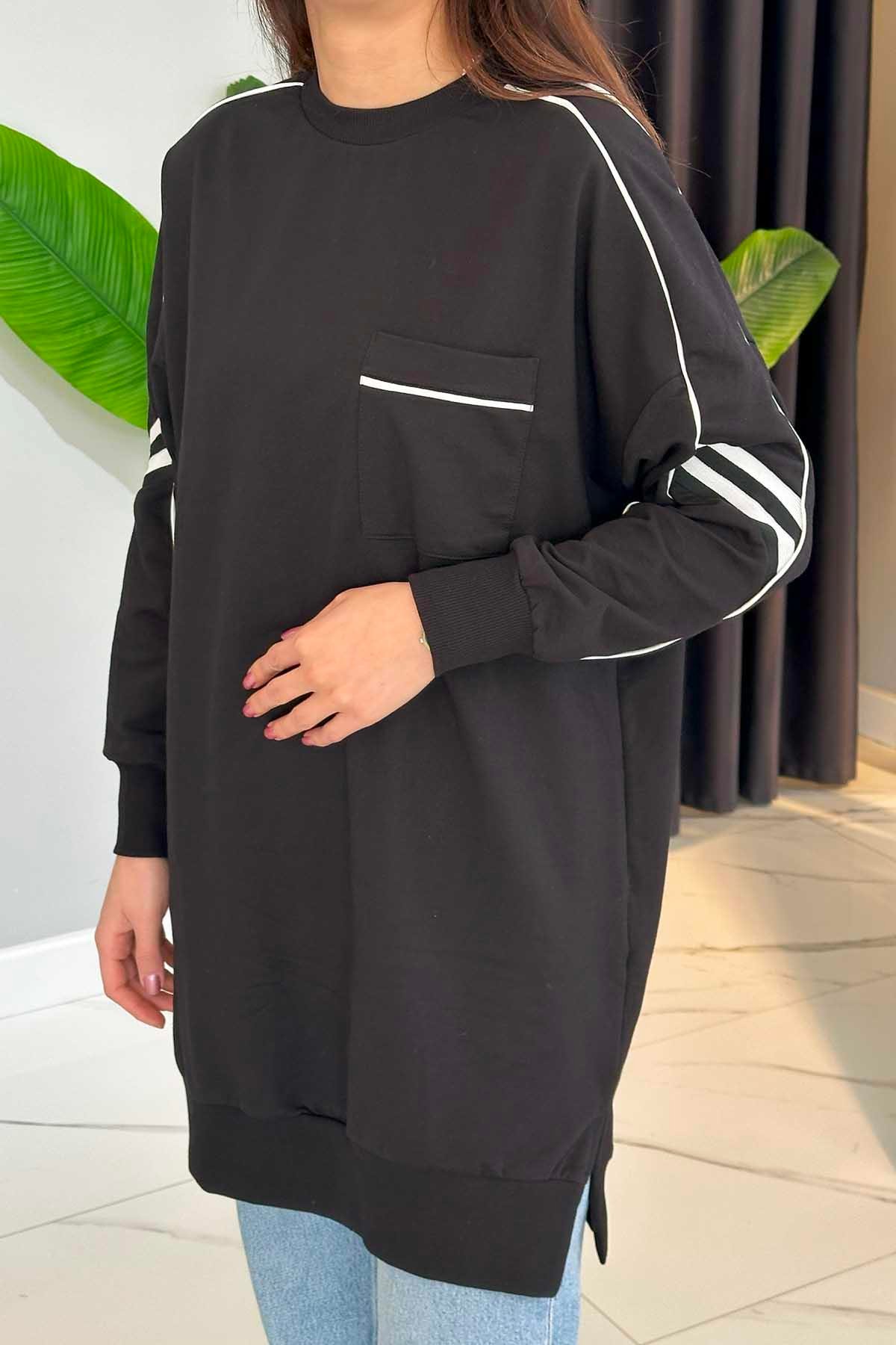 Şerit Detay Sweat Tunik 10657 Siyah