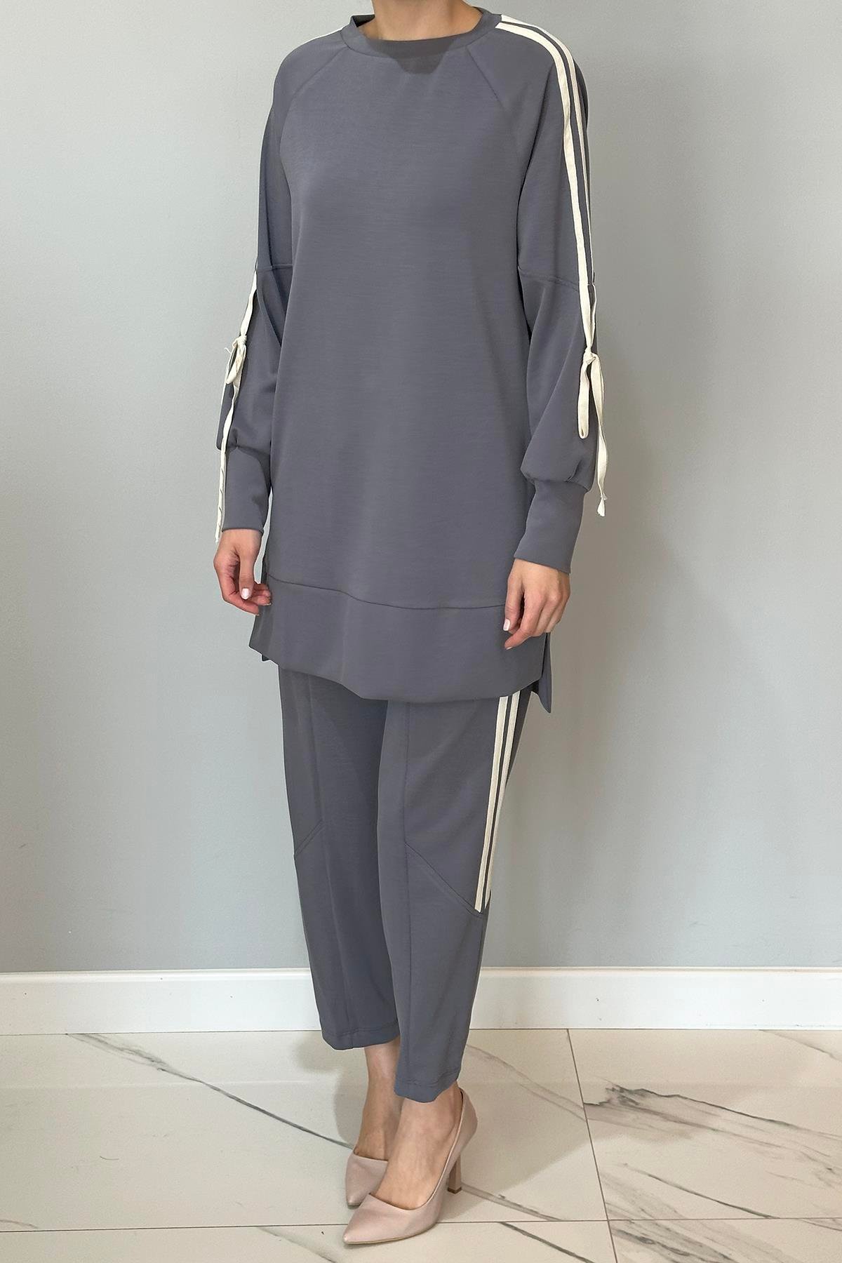 Şerit Detaylı Modal Takım 20606 Füme