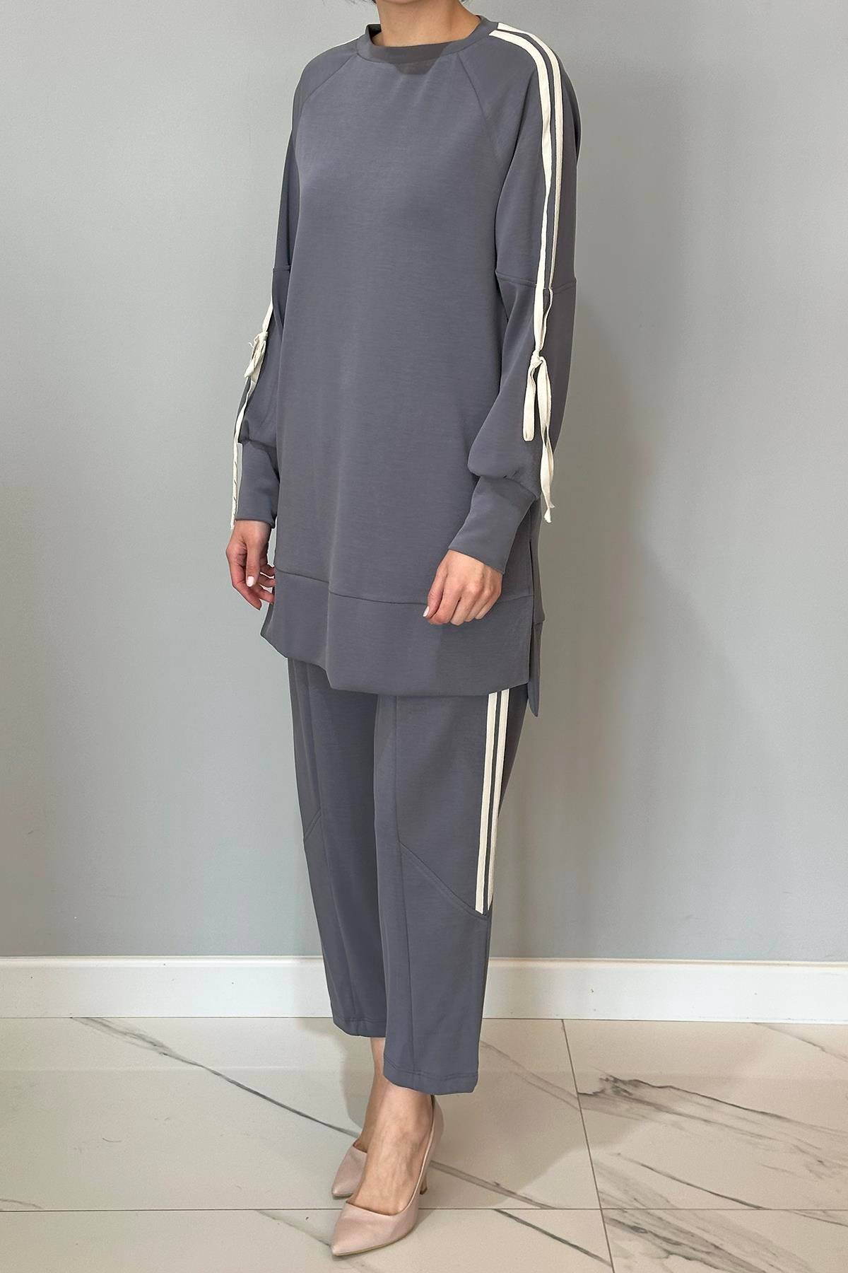 Şerit Detaylı Modal Takım 20606 Füme