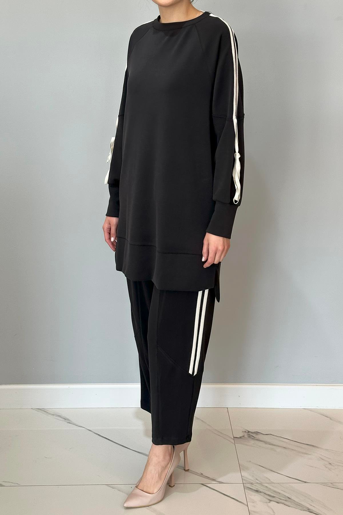 Şerit Detaylı Modal Takım 20606 Siyah