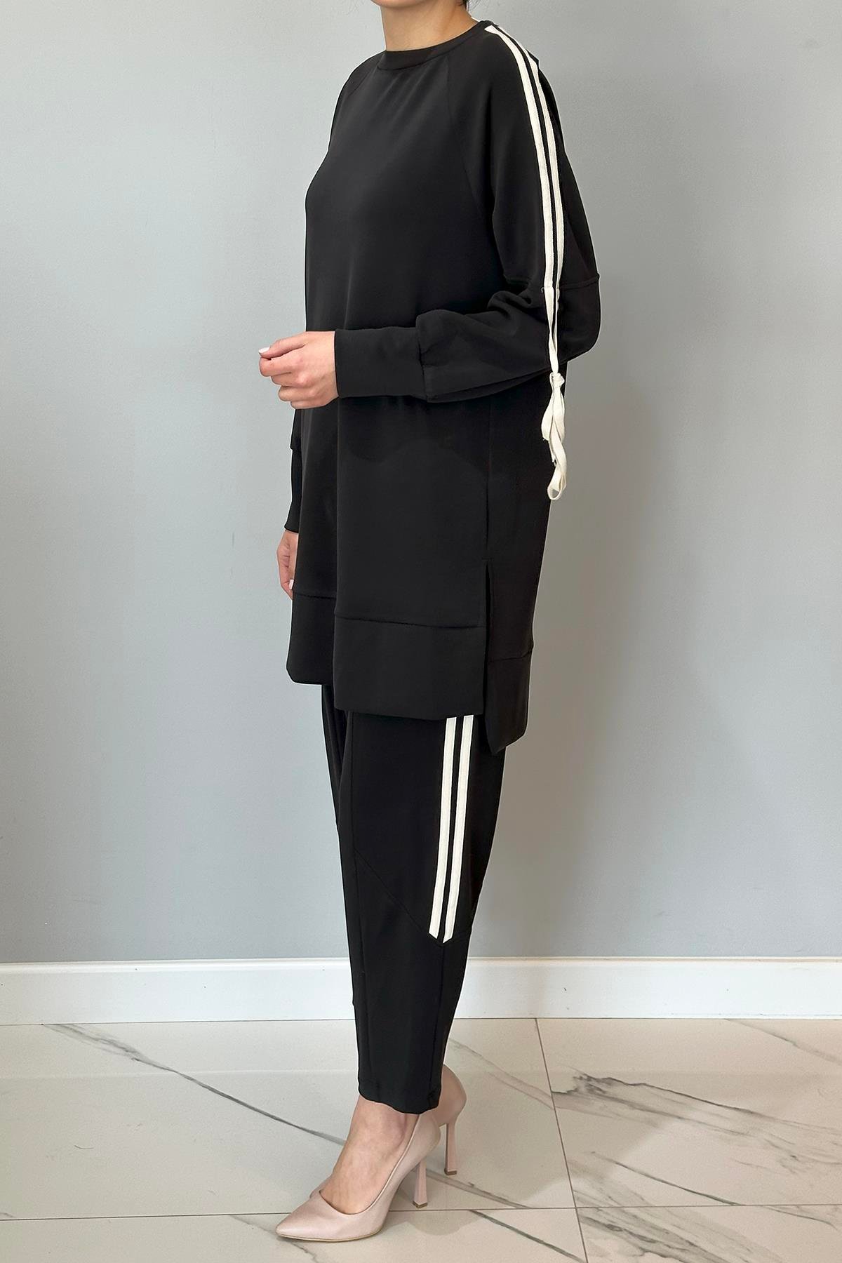 Şerit Detaylı Modal Takım 20606 Siyah