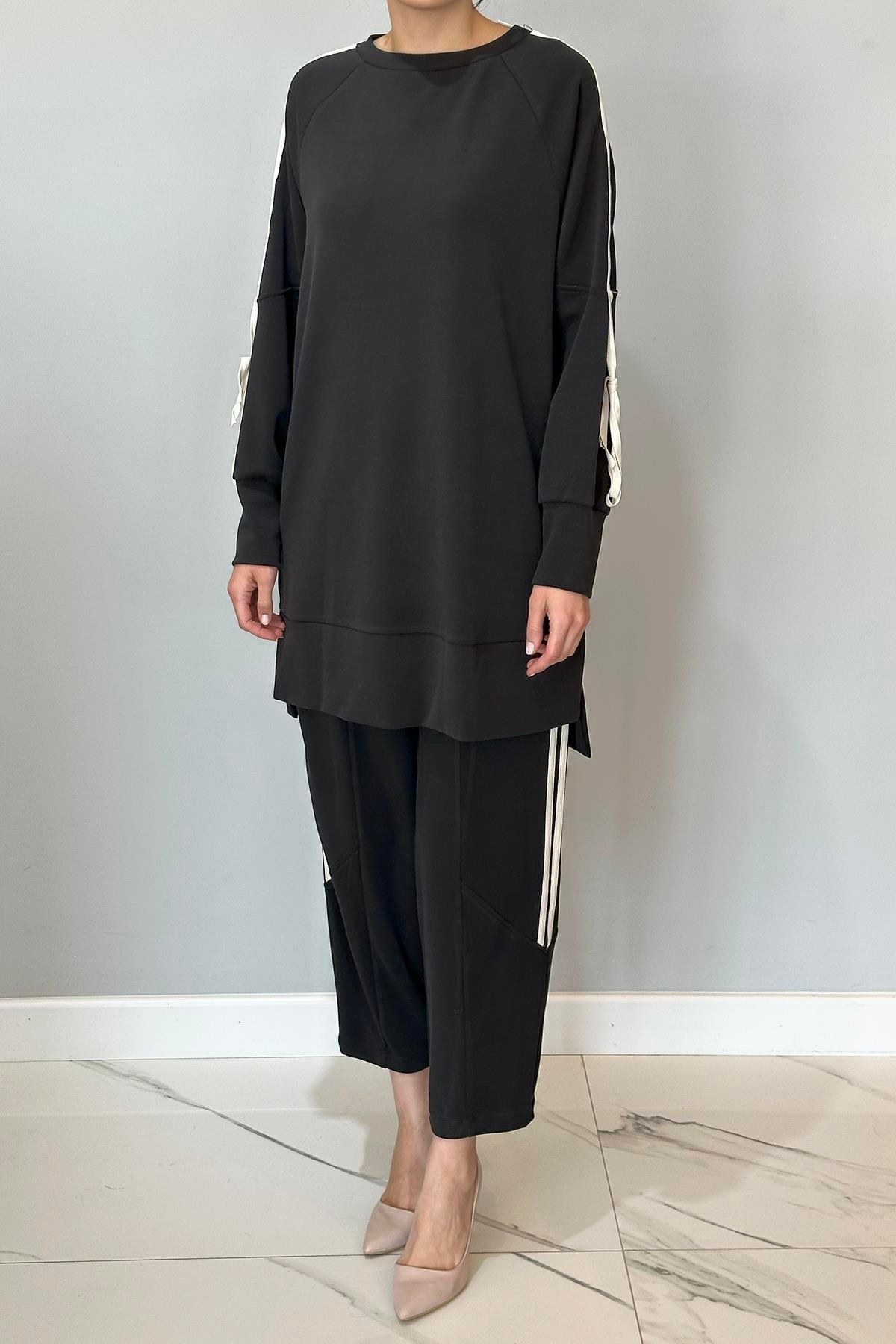 Şerit Detaylı Modal Takım 20606 Siyah