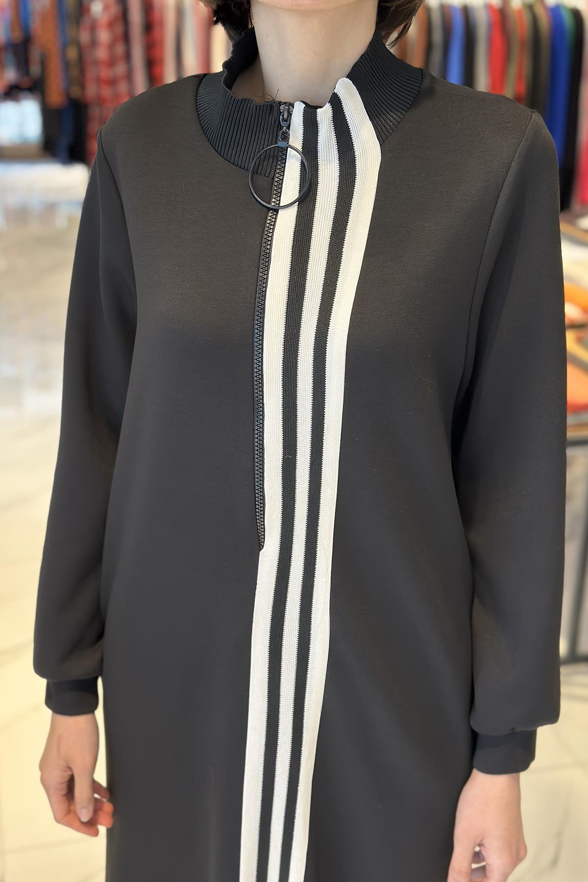 Şerit Triko Detaylı Sweat Elbise 12555 Siyah