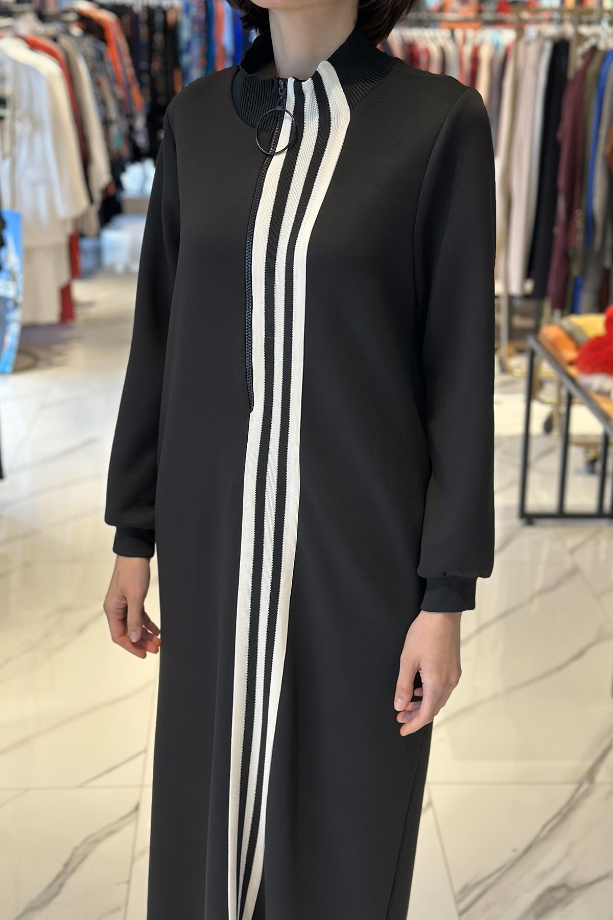 Şerit Triko Detaylı Sweat Elbise 12555 Siyah