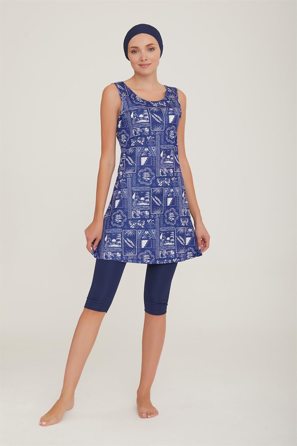 Sıfır Kol Taytlı Yarı Kapalı Mayo Dilan 1 9092 Koyu Lacivert Remsa Mayo