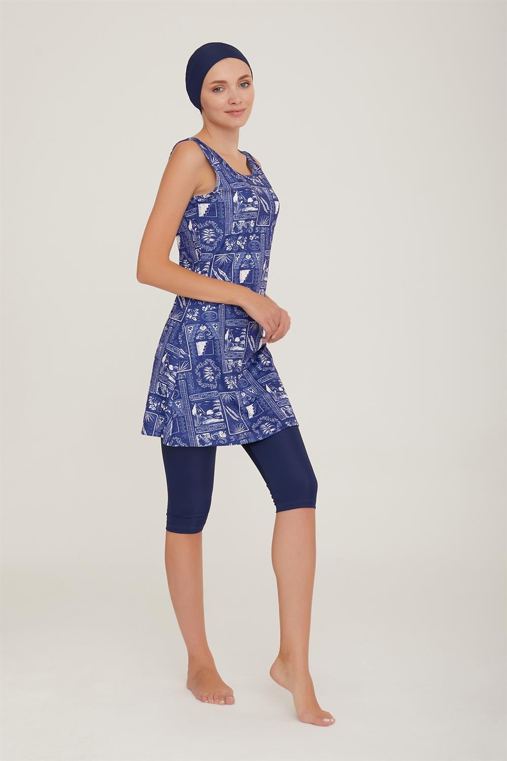 Sıfır Kol Taytlı Yarı Kapalı Mayo Dilan 1 9092 Koyu Lacivert Remsa Mayo