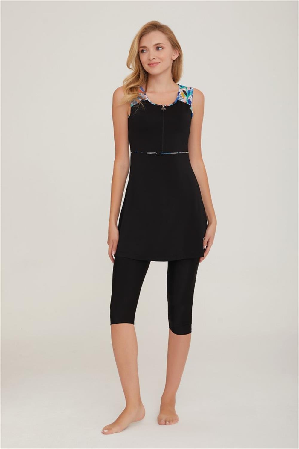 Sıfır Kol Taytlı Yarı Kapalı Mayo Hera 8096 Siyah Remsa Mayo