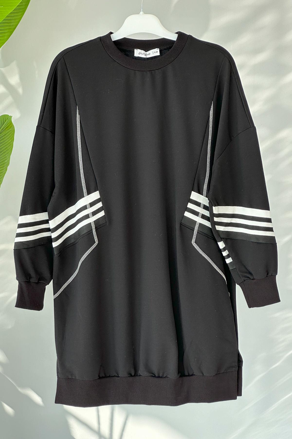 Spor Çizgili Sweatshırt Tunik 10353 Siyah