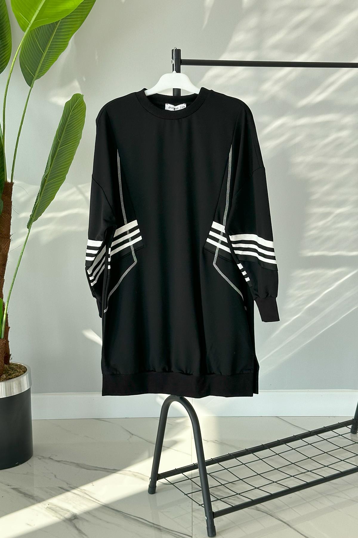 Spor Çizgili Sweatshırt Tunik 10353 Siyah