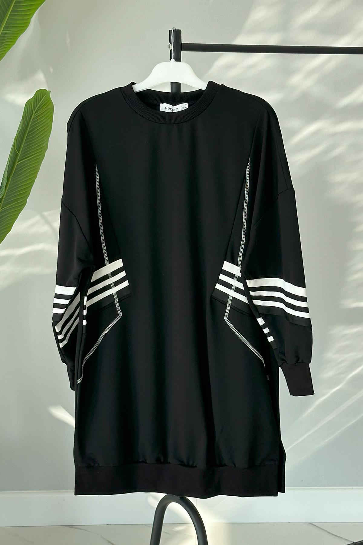 Spor Çizgili Sweatshırt Tunik 10353 Siyah