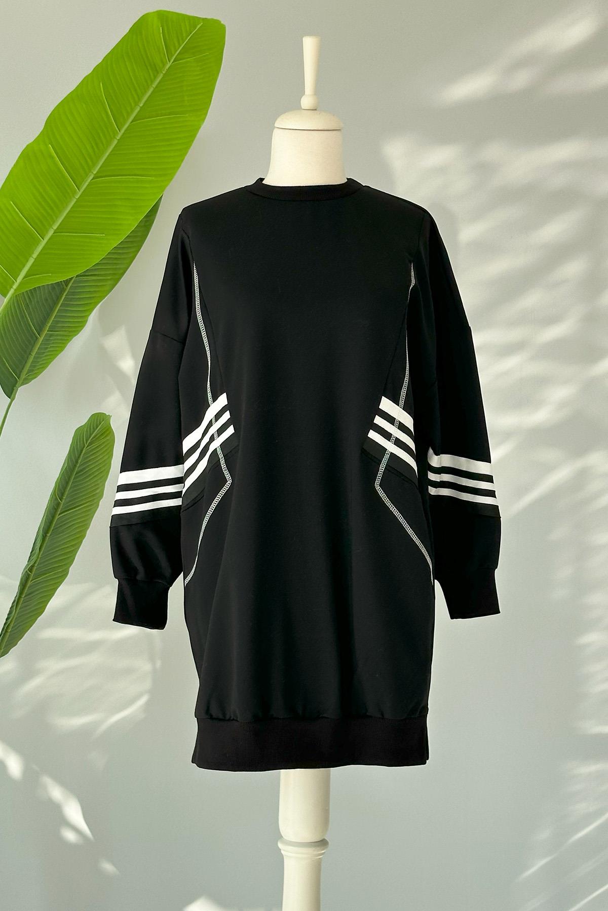 Spor Çizgili Sweatshırt Tunik 10353 Siyah