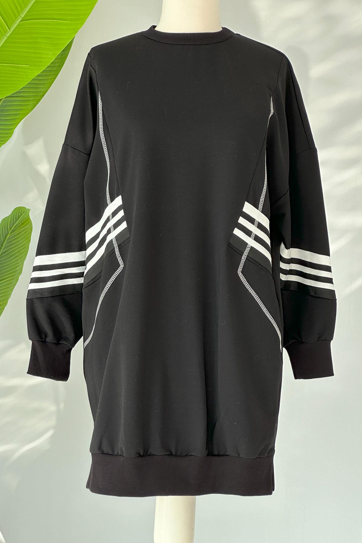 Spor Çizgili Sweatshırt Tunik 10353 Siyah
