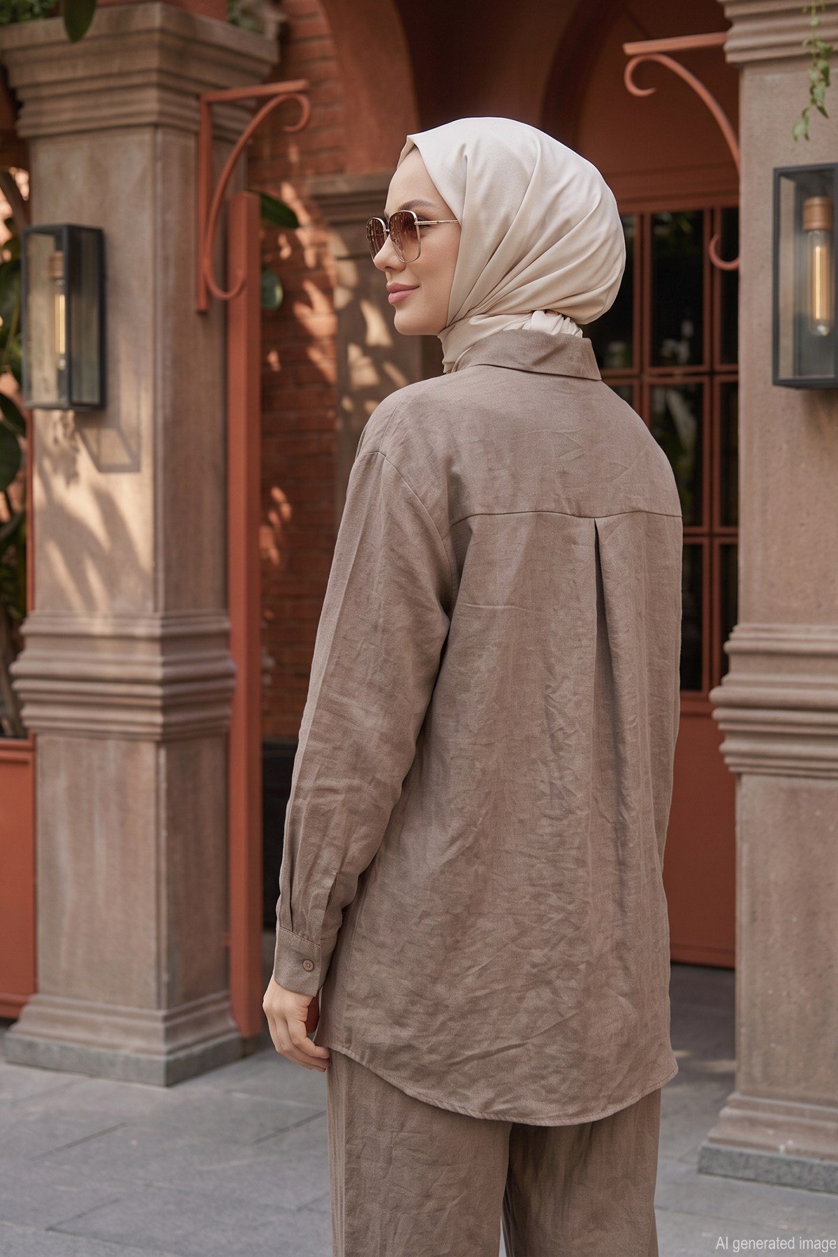 Süet Görünümlü Önü Düğmeli Gömlek Tunik ve Pantolonlu Takım 10744 Vizon